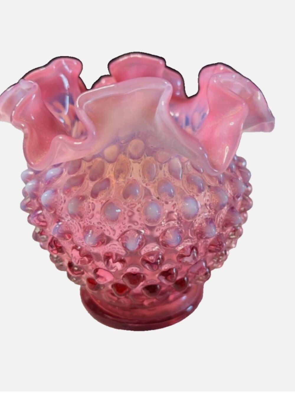 FENTON CRANBERRY OPALESCENT HOBNAIL 4-1/2" HIGH VASE w/ DOUBLE CRIMPED RIM